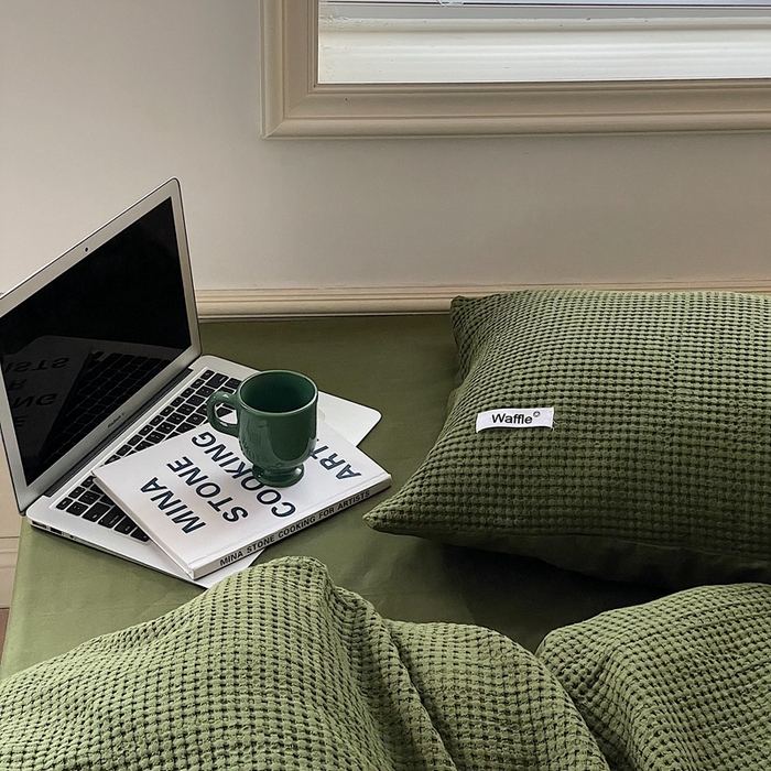 91家纺网 家纺一手货源 找家纺 贝尔 PELLHOME 小红书民宿全棉空气提花华夫格四件套纯棉水洗棉小众（可抖音代发） 橄榄中绿