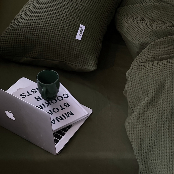 91家纺网 家纺一手货源 找家纺 贝尔 PELLHOME 小红书民宿全棉空气提花华夫格四件套纯棉水洗棉小众（可抖音代发） 橄榄中绿