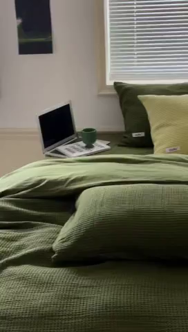 91家纺网 家纺一手货源 找家纺 贝尔 PELLHOME 小红书民宿全棉空气提花华夫格四件套纯棉水洗棉小众（可抖音代发） 橄榄中绿