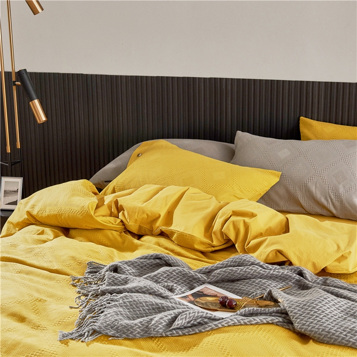 91家纺网 家纺一手货源 找家纺 贝尔 PELLHOME 简约华夫格北欧纯棉水洗棉床上用品四件（春节不打烊)（可抖音代发） 郁金