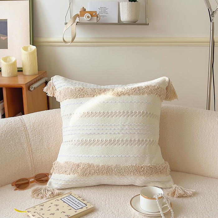 诺可 2025新款跨境轻奢重工艺款编织布流苏款抱枕 编织流苏-白