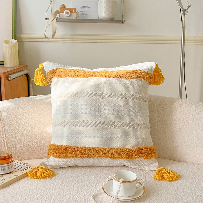 诺可 2025新款跨境轻奢重工艺款编织布流苏款抱枕 编织流苏-黄