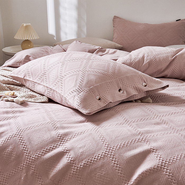 91家纺网 家纺一手货源 找家纺 贝尔 PELLHOME 简约华夫格北欧纯棉水洗棉床上用品四件（春节不打烊)（可抖音代发） 豆沙