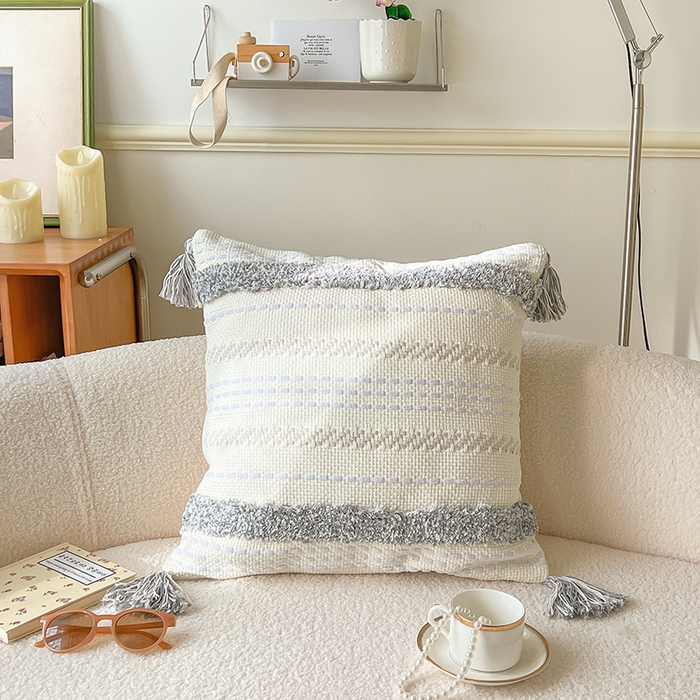 诺可 2025新款跨境轻奢重工艺款编织布流苏款抱枕 编织流苏-灰
