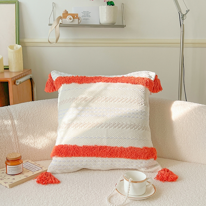 诺可 2025新款跨境轻奢重工艺款编织布流苏款抱枕 编织流苏-浅红