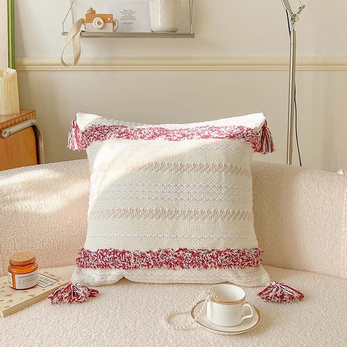 诺可 2025新款跨境轻奢重工艺款编织布流苏款抱枕 编织流苏-深红