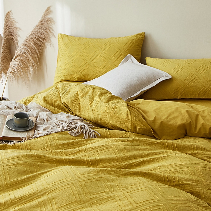 91家纺网 家纺一手货源 找家纺 贝尔 PELLHOME 日式北欧民宿大剪花水洗棉全棉四件套场景一（春节不打烊)（可抖音代发） 姜黄