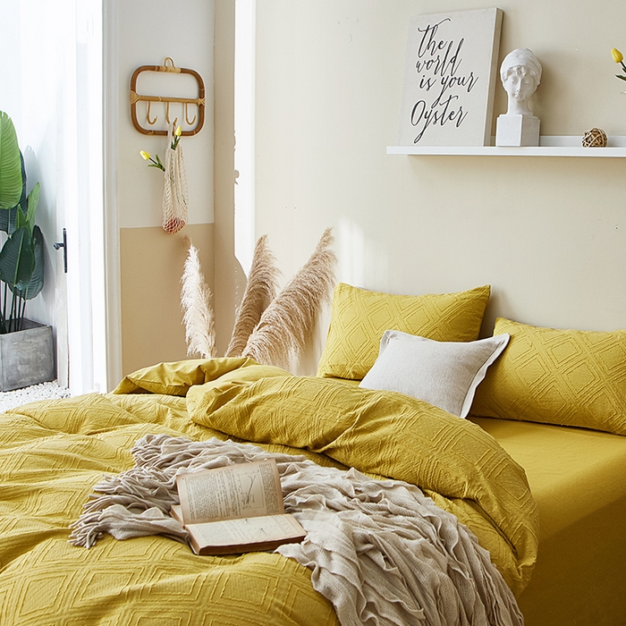 91家纺网 家纺一手货源 找家纺 贝尔 PELLHOME 日式北欧民宿大剪花水洗棉全棉四件套场景一（春节不打烊)（可抖音代发） 姜黄