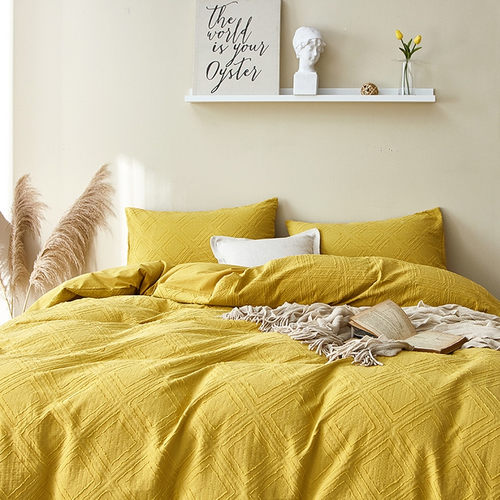 91家纺网 家纺一手货源 找家纺 贝尔 PELLHOME 日式北欧民宿大剪花水洗棉全棉四件套场景一（春节不打烊)（可抖音代发） 姜黄