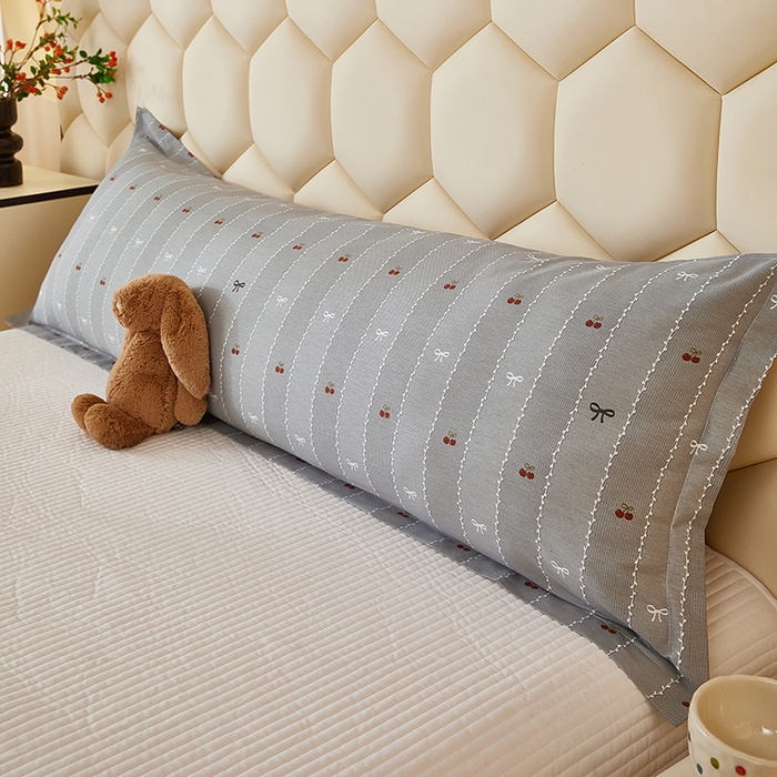 三盛源 2025新款全棉纯棉双人长枕套1.5米成人纯棉长枕头套1.2卡通1.8m长款加长 樱桃-灰