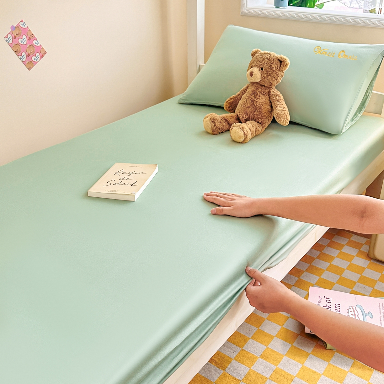 91家纺网 家纺一手货源 找家纺 摩妮卡 2025新款学生床笠上下铺全棉床笠三件套 薄荷绿