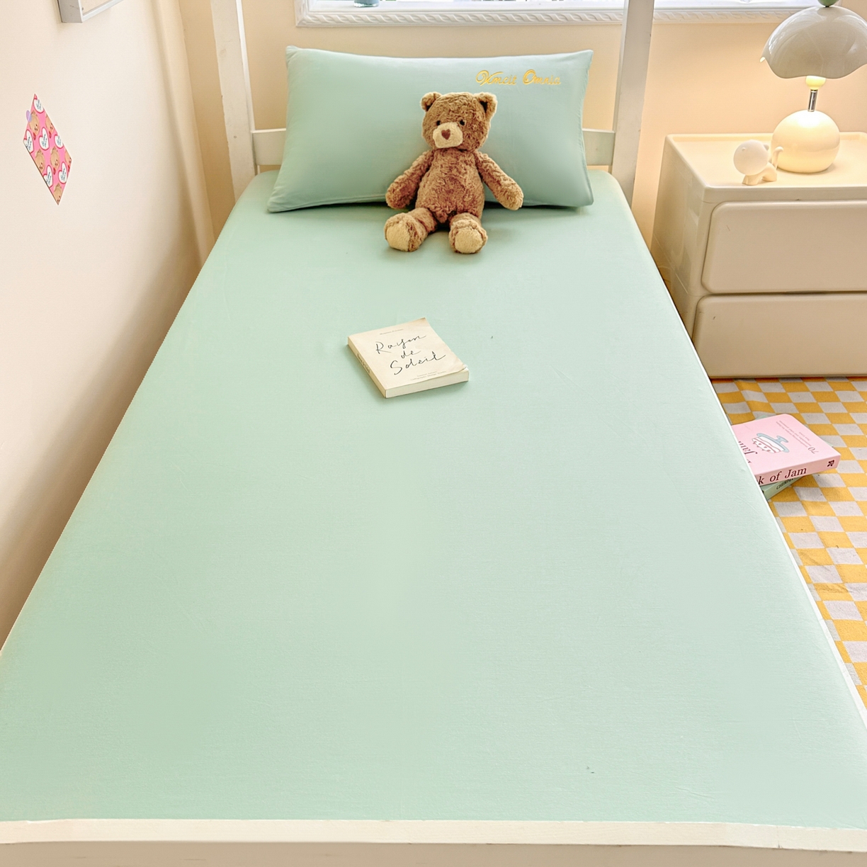 91家纺网 家纺一手货源 找家纺 摩妮卡 2025新款学生床笠上下铺全棉床笠三件套 薄荷绿