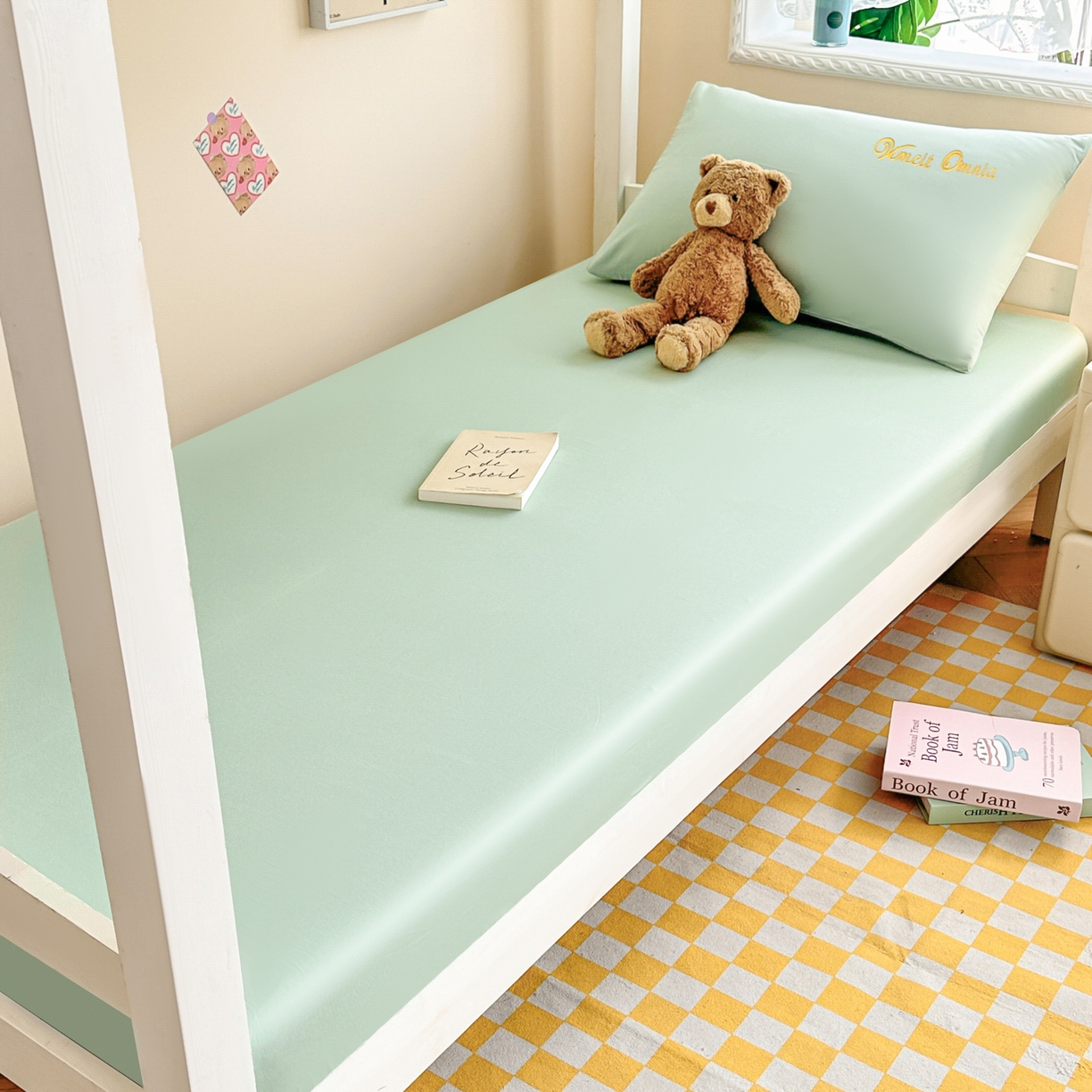 91家纺网 家纺一手货源 找家纺 摩妮卡 2025新款学生床笠上下铺全棉床笠三件套 薄荷绿