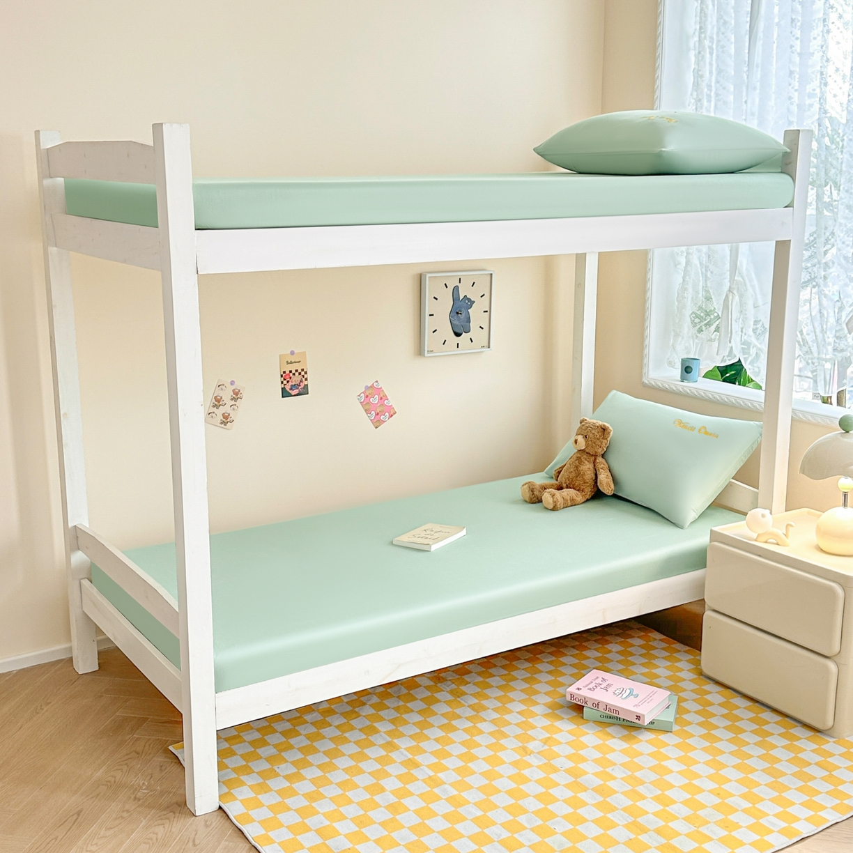 91家纺网 家纺一手货源 找家纺 摩妮卡 2025新款学生床笠上下铺全棉床笠三件套 薄荷绿