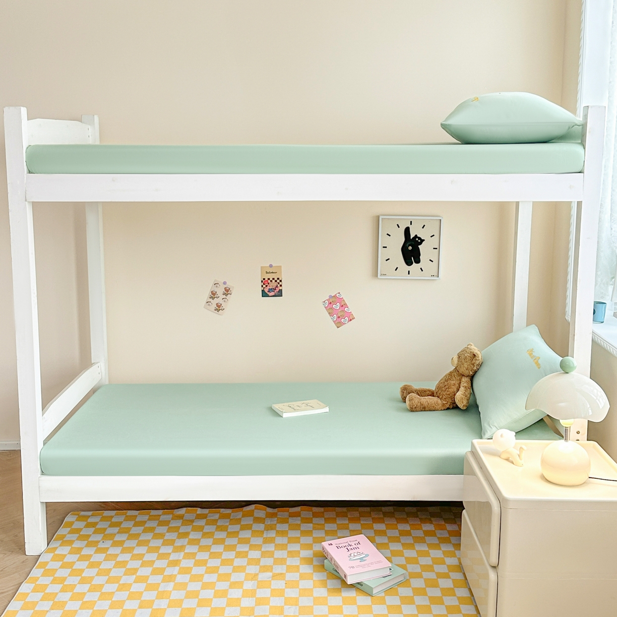 91家纺网 家纺一手货源 找家纺 摩妮卡 2025新款学生床笠上下铺全棉床笠三件套 薄荷绿