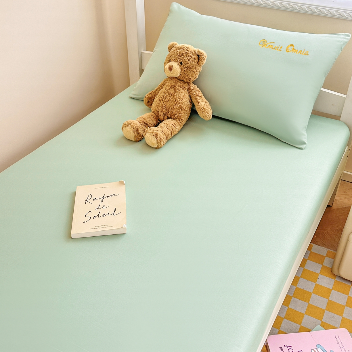 91家纺网 家纺一手货源 找家纺 摩妮卡 2025新款学生床笠上下铺全棉床笠三件套 薄荷绿