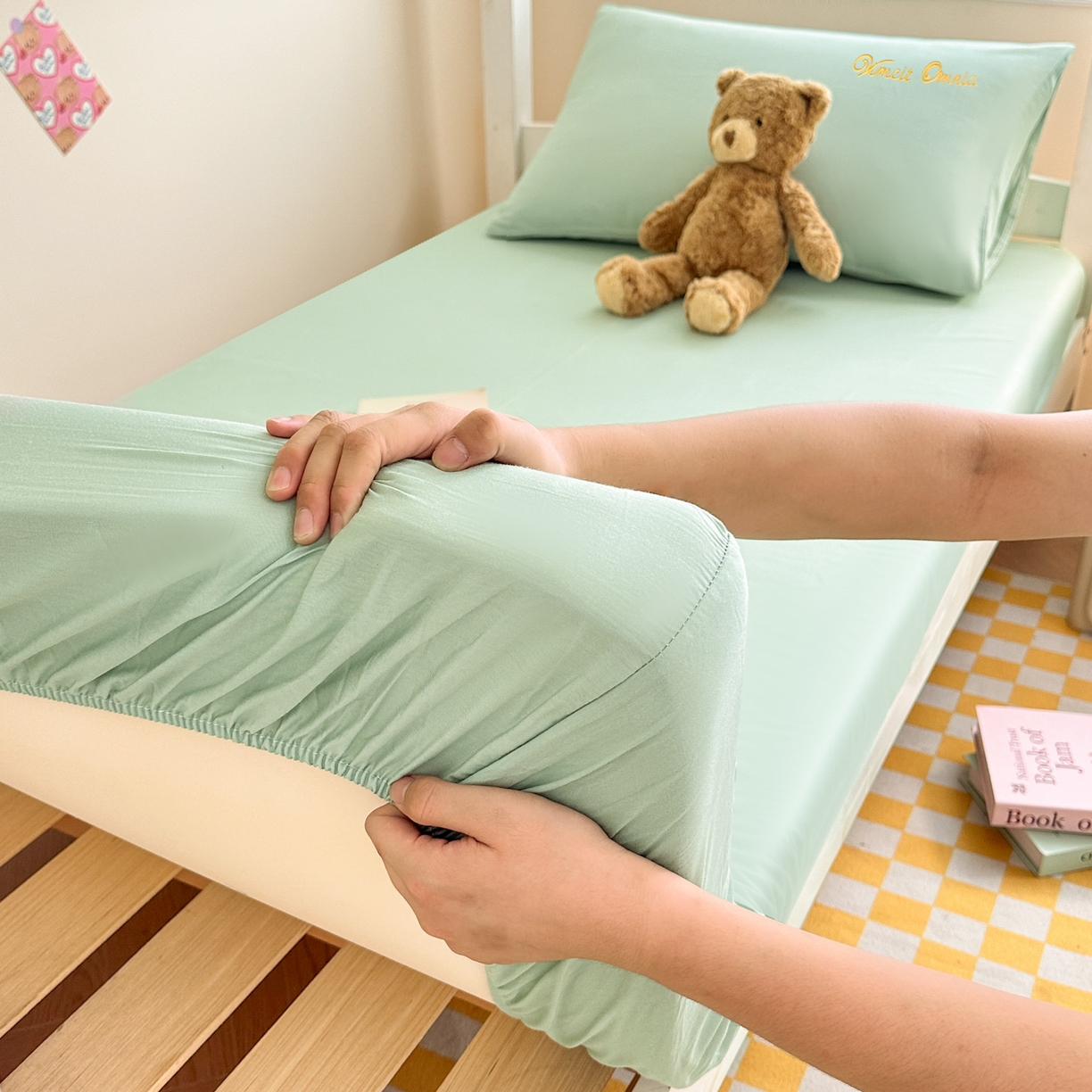 91家纺网 家纺一手货源 找家纺 摩妮卡 2025新款学生床笠上下铺全棉床笠三件套 薄荷绿