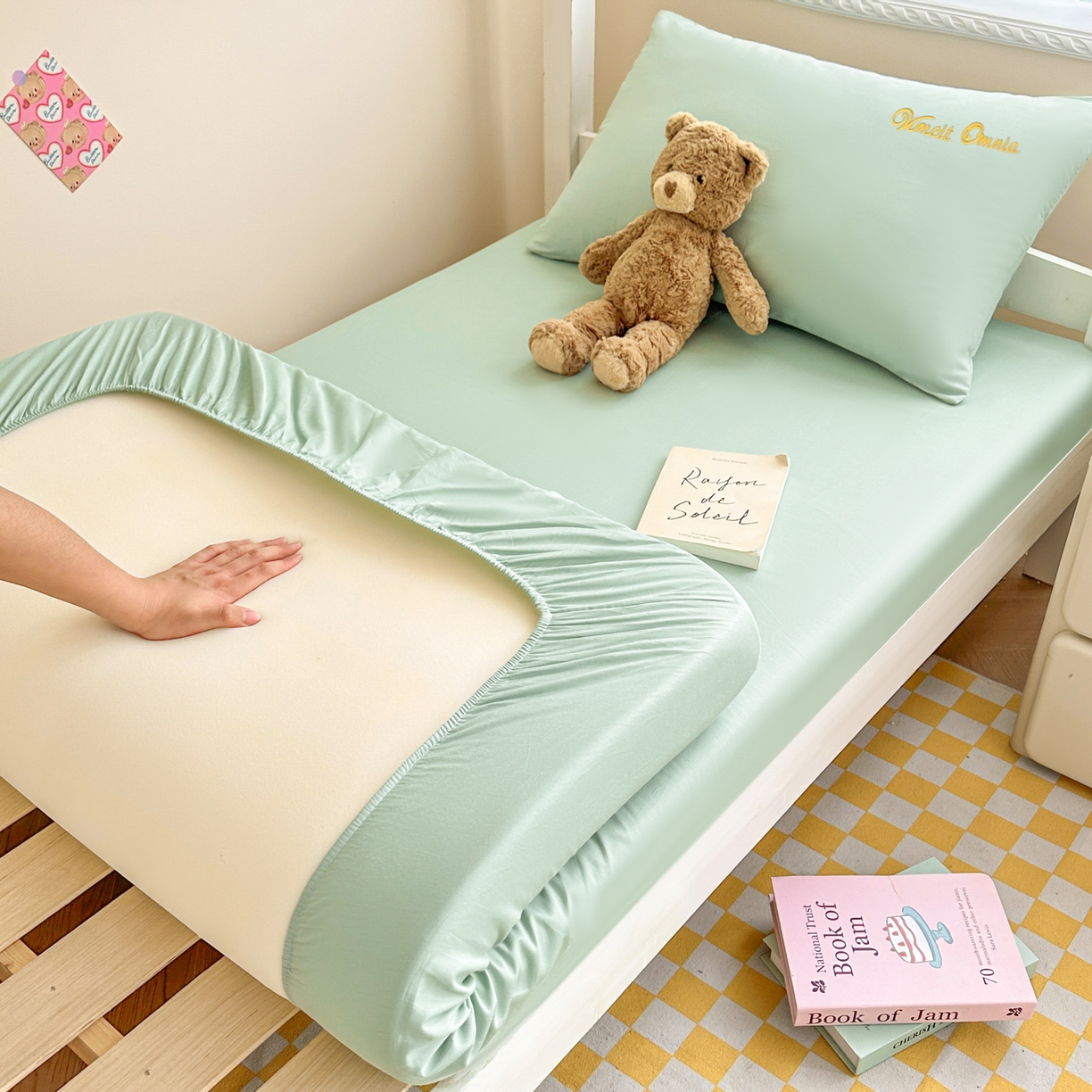 91家纺网 家纺一手货源 找家纺 摩妮卡 2025新款学生床笠上下铺全棉床笠三件套 薄荷绿