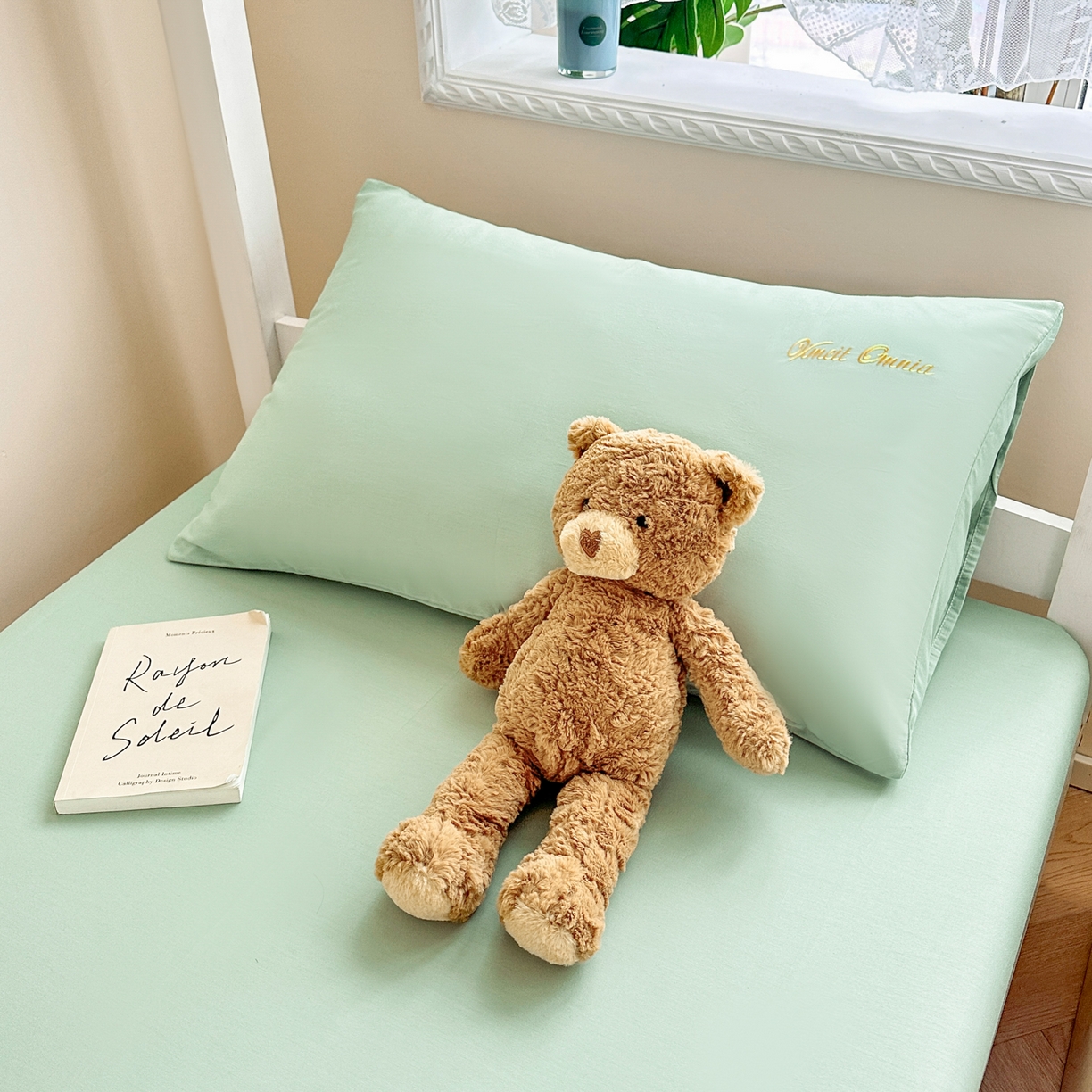 91家纺网 家纺一手货源 找家纺 摩妮卡 2025新款学生床笠上下铺全棉床笠三件套 薄荷绿