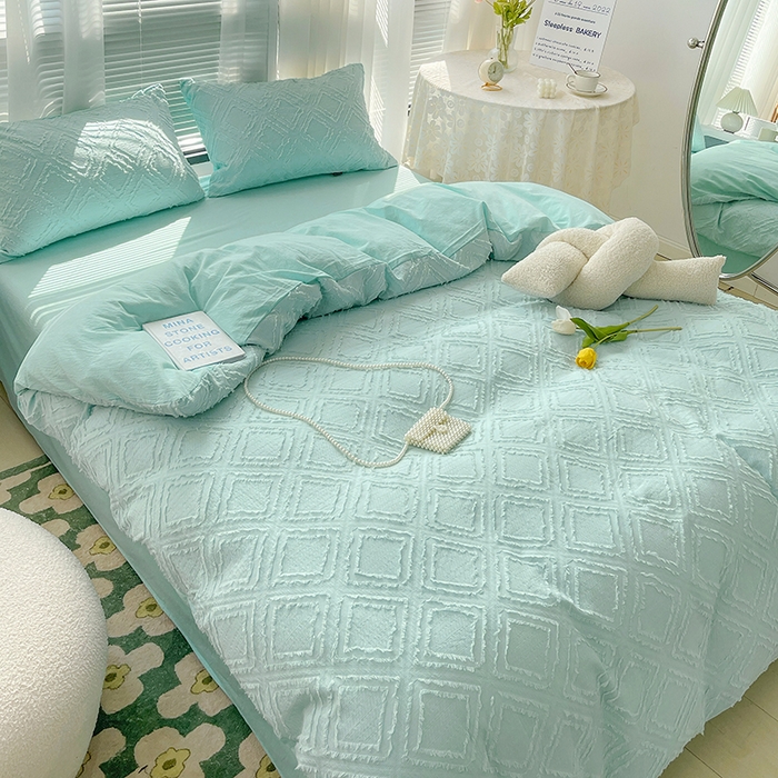 91家纺网 家纺一手货源 找家纺 贝尔 PELLHOME 日式北欧民宿大剪花水洗棉全棉四件套场景一（春节不打烊)（可抖音代发） 水蓝色