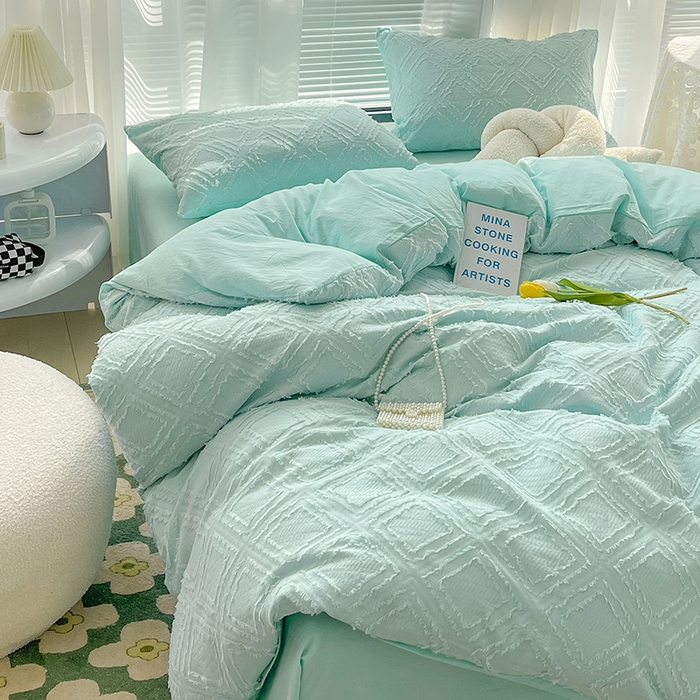 91家纺网 家纺一手货源 找家纺 贝尔 PELLHOME 日式北欧民宿大剪花水洗棉全棉四件套场景一（春节不打烊)（可抖音代发） 水蓝色