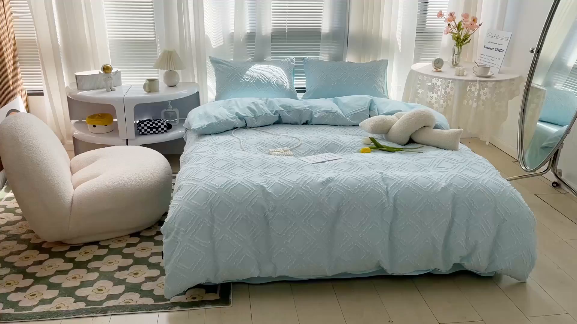 91家纺网 家纺一手货源 找家纺 贝尔 PELLHOME 日式北欧民宿大剪花水洗棉全棉四件套场景一（春节不打烊)（可抖音代发） 水蓝色