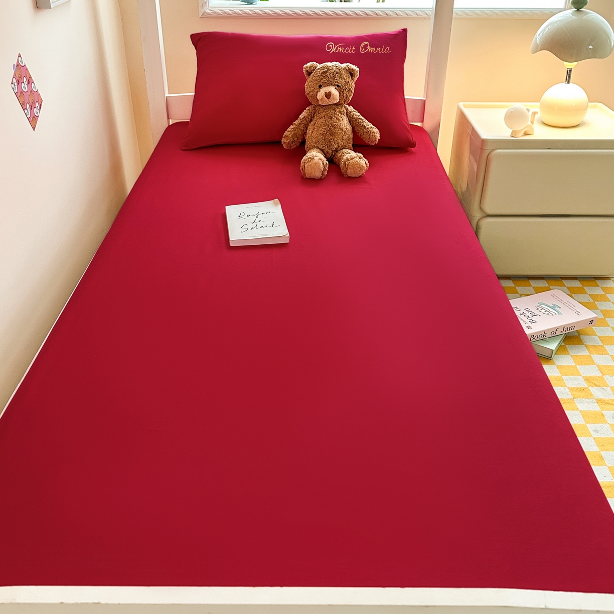 91家纺网 家纺一手货源 找家纺 摩妮卡 2025新款学生床笠上下铺全棉床笠三件套 朵红