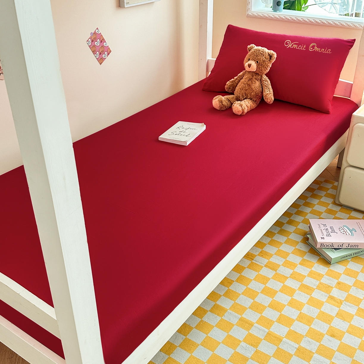 91家纺网 家纺一手货源 找家纺 摩妮卡 2025新款学生床笠上下铺全棉床笠三件套 朵红