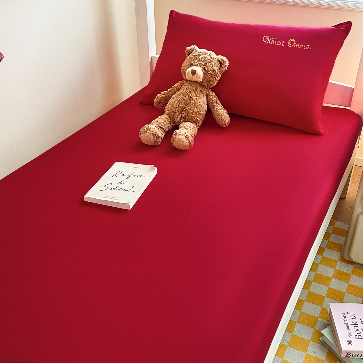 91家纺网 家纺一手货源 找家纺 摩妮卡 2025新款学生床笠上下铺全棉床笠三件套 朵红