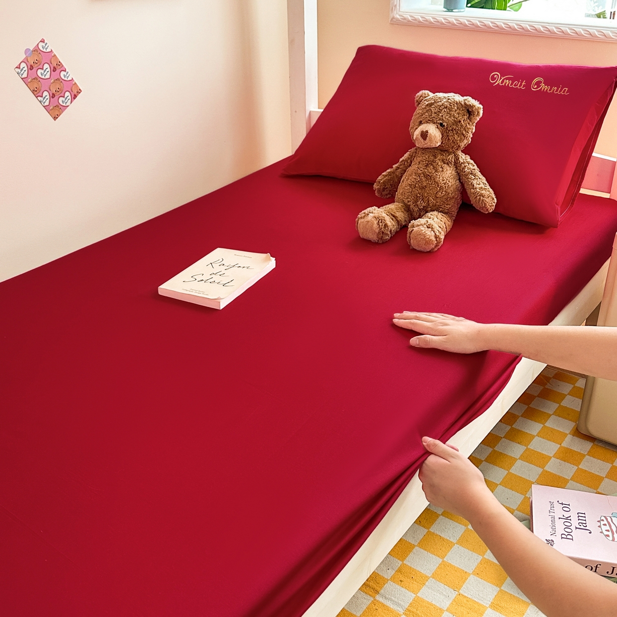 91家纺网 家纺一手货源 找家纺 摩妮卡 2025新款学生床笠上下铺全棉床笠三件套 朵红