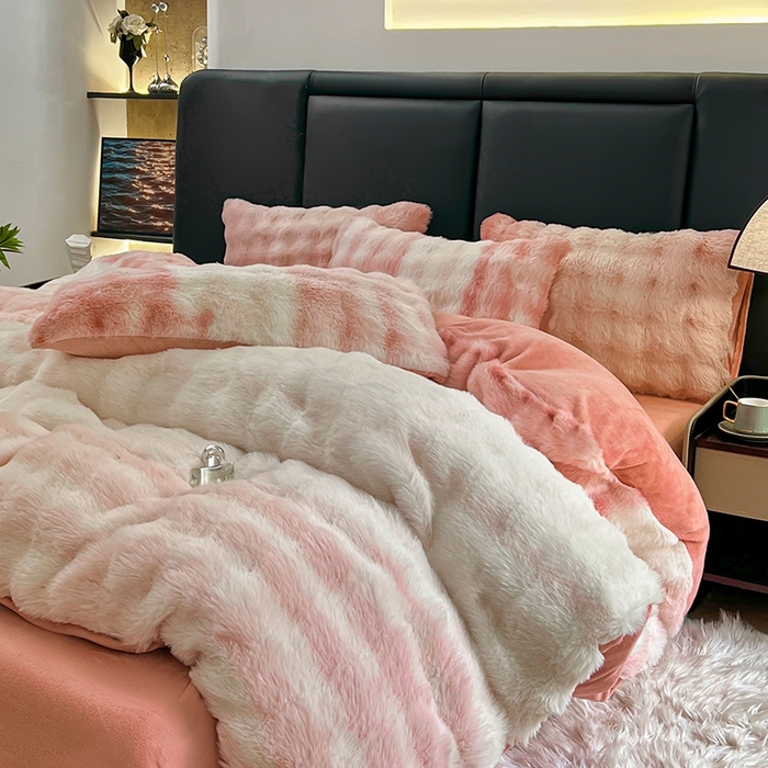 91家纺网 家纺一手货源 找家纺 金爱家 2025新品全消光牛奶绒A类纯色獭兔毛绒立体牛奶绒四件套 七彩泡泡粉