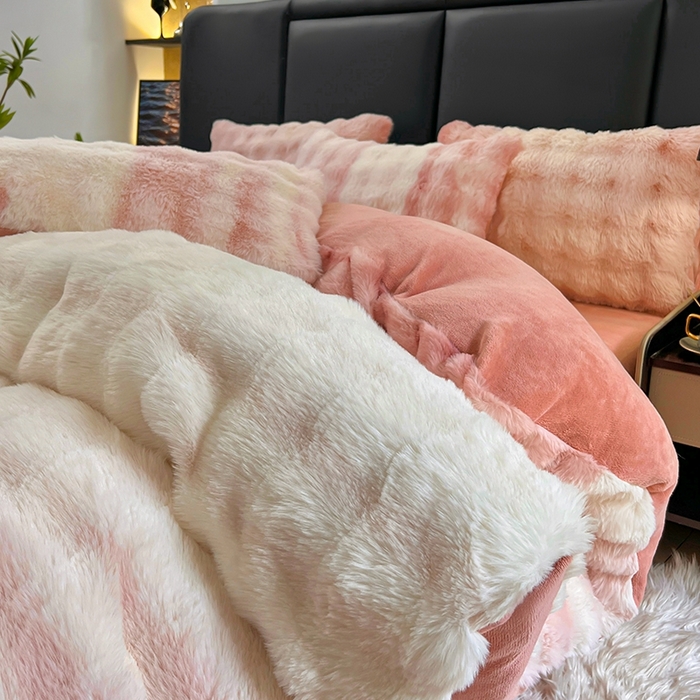 91家纺网 家纺一手货源 找家纺 金爱家 2025新品全消光牛奶绒A类纯色獭兔毛绒立体牛奶绒四件套 七彩泡泡粉