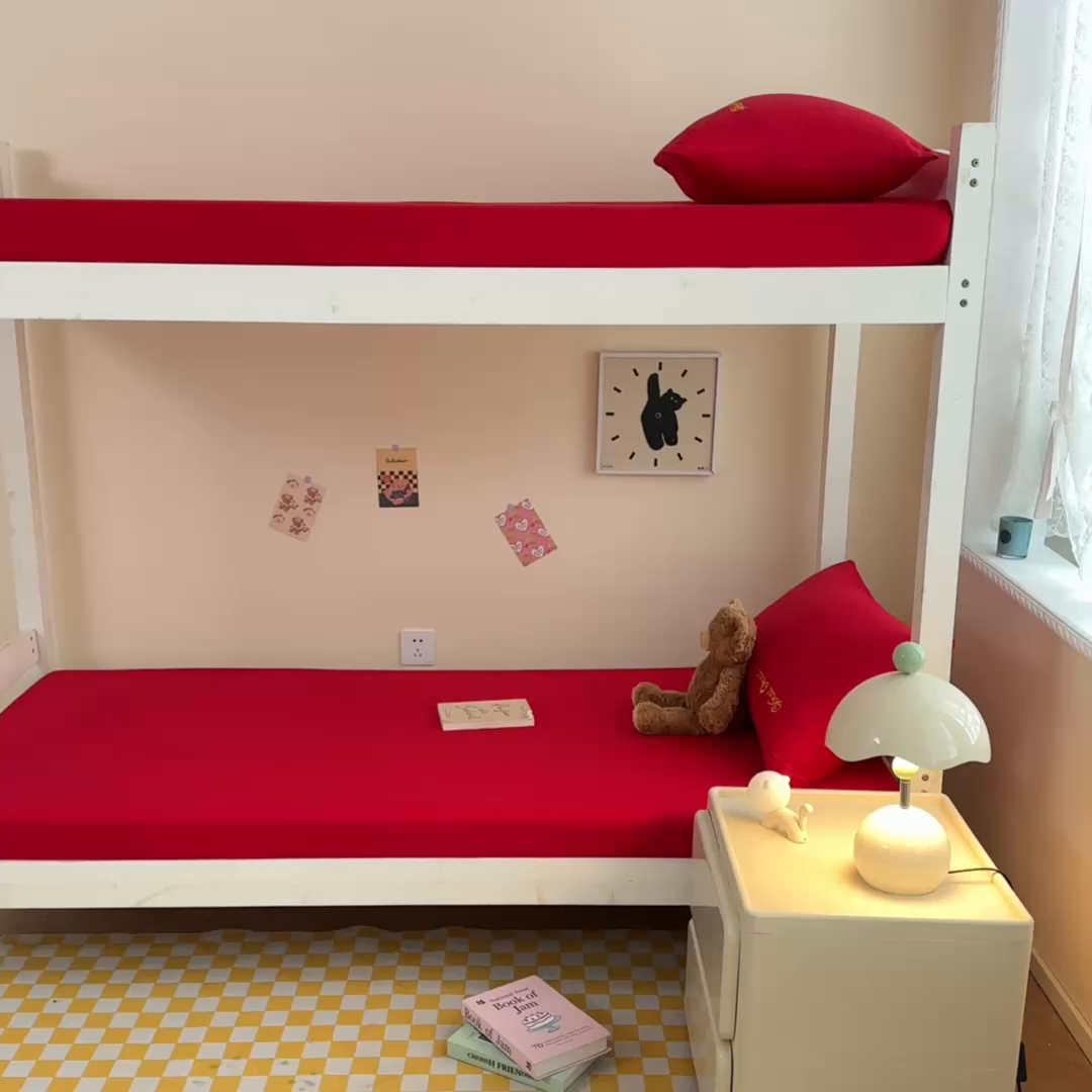 91家纺网 家纺一手货源 找家纺 摩妮卡 2025新款学生床笠上下铺全棉床笠三件套 朵红