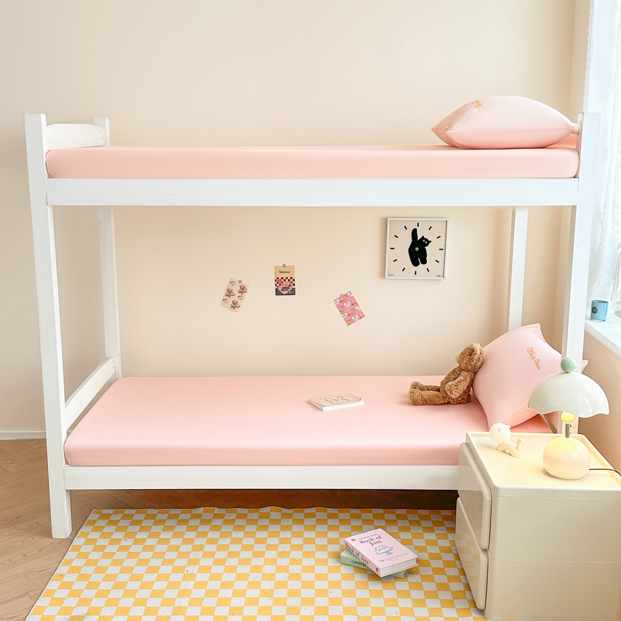 91家纺网 家纺一手货源 找家纺 摩妮卡 2025新款学生床笠上下铺全棉床笠三件套 粉玉