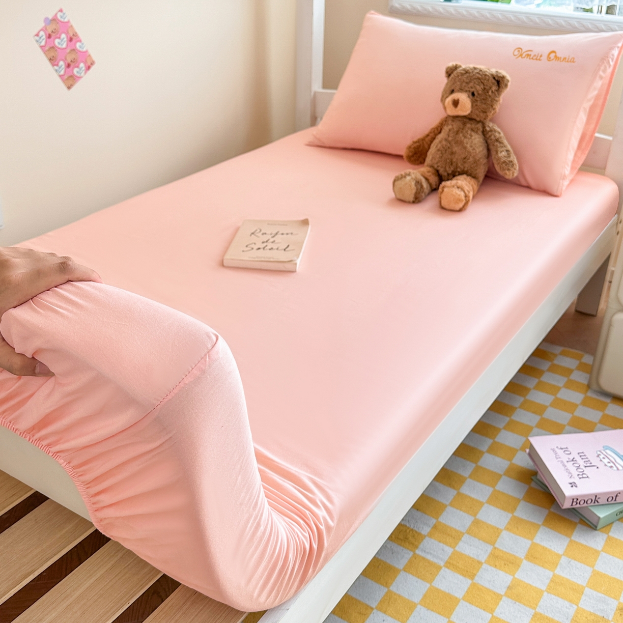 91家纺网 家纺一手货源 找家纺 摩妮卡 2025新款学生床笠上下铺全棉床笠三件套 粉玉