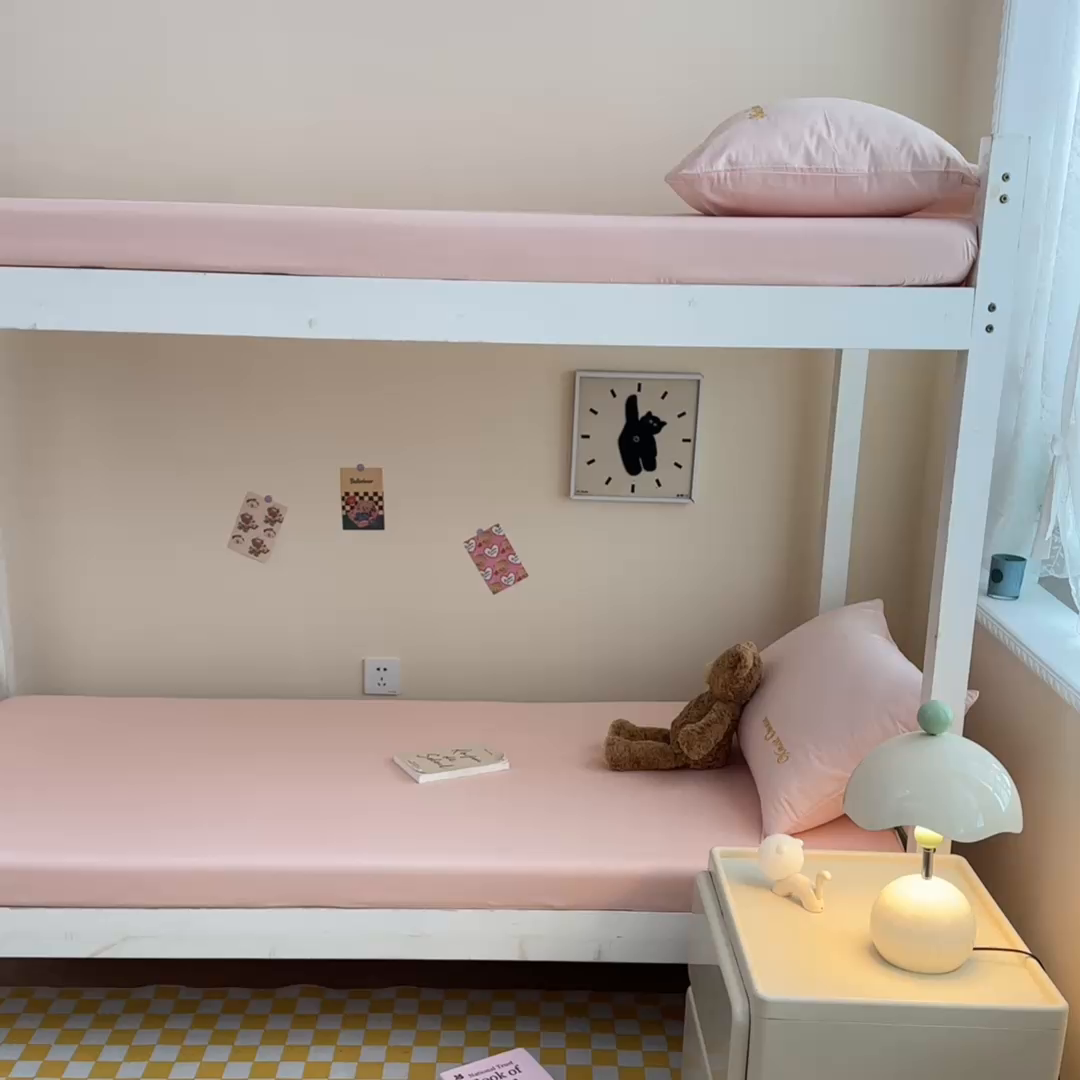 91家纺网 家纺一手货源 找家纺 摩妮卡 2025新款学生床笠上下铺全棉床笠三件套 粉玉