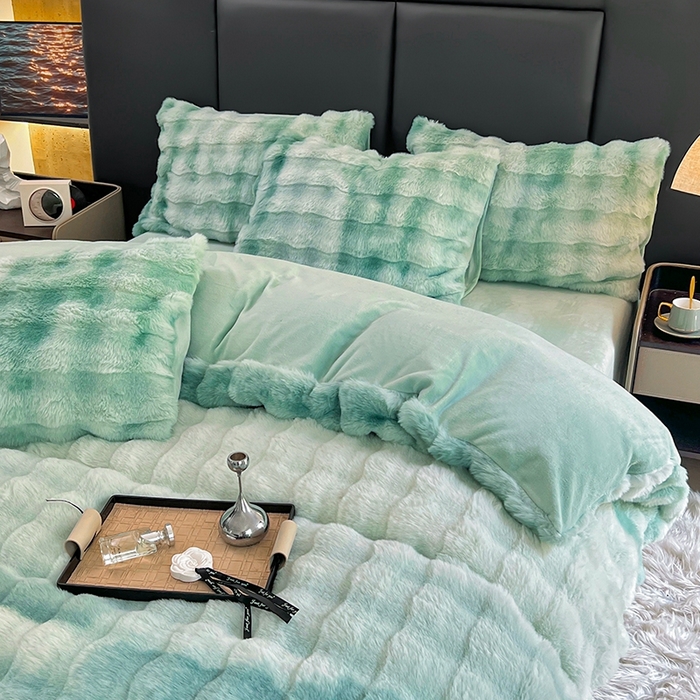 91家纺网 家纺一手货源 找家纺 金爱家 2025新品全消光牛奶绒A类纯色獭兔毛绒立体牛奶绒四件套 七彩泡泡绿