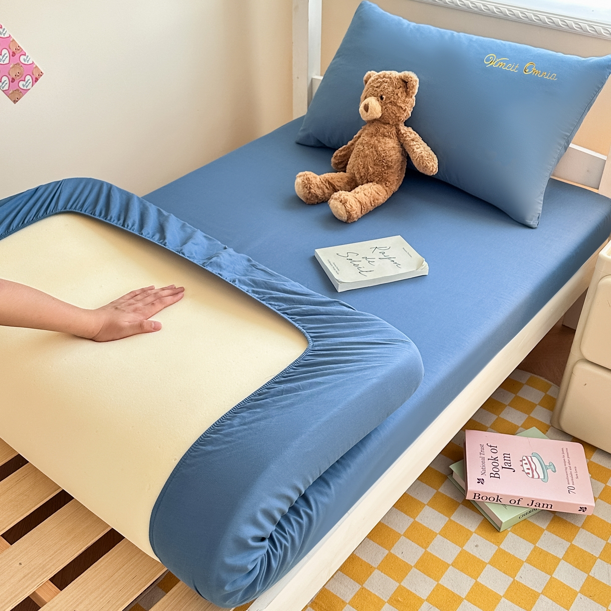 91家纺网 家纺一手货源 找家纺 摩妮卡 2025新款学生床笠上下铺全棉床笠三件套 皇家蓝