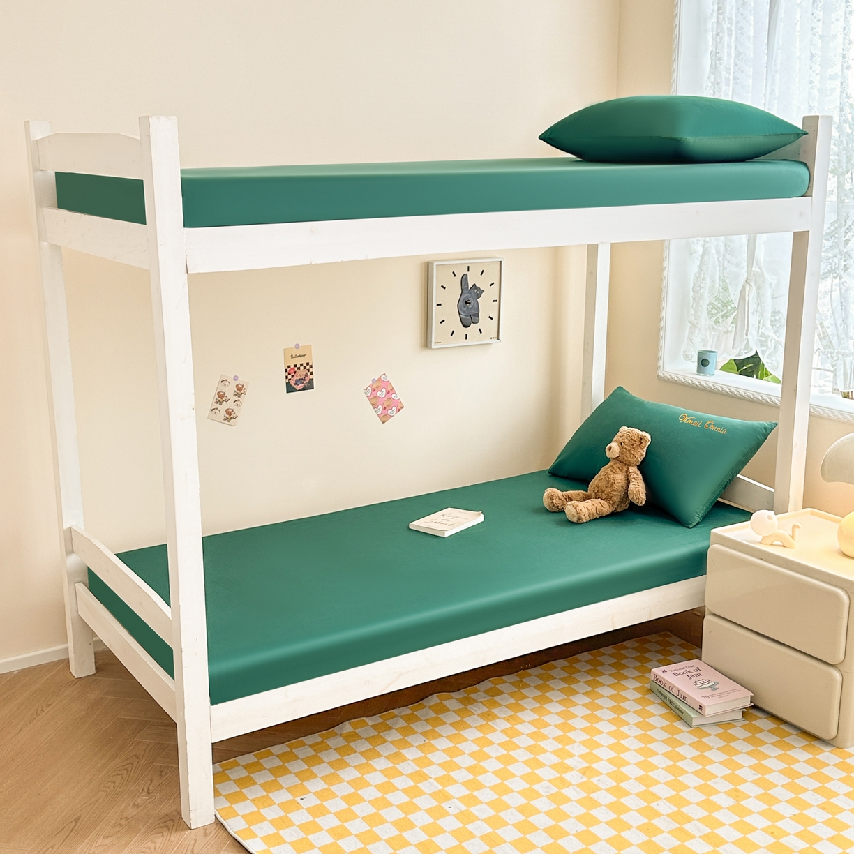 91家纺网 家纺一手货源 找家纺 摩妮卡 2025新款学生床笠上下铺全棉床笠三件套 墨绿色