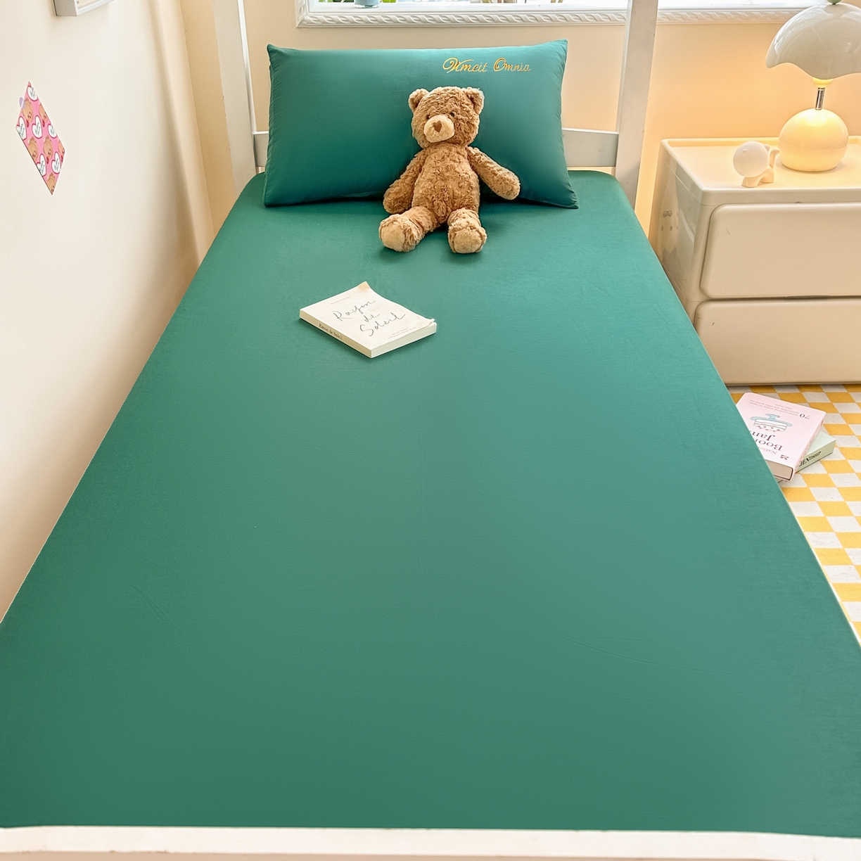 91家纺网 家纺一手货源 找家纺 摩妮卡 2025新款学生床笠上下铺全棉床笠三件套 墨绿色