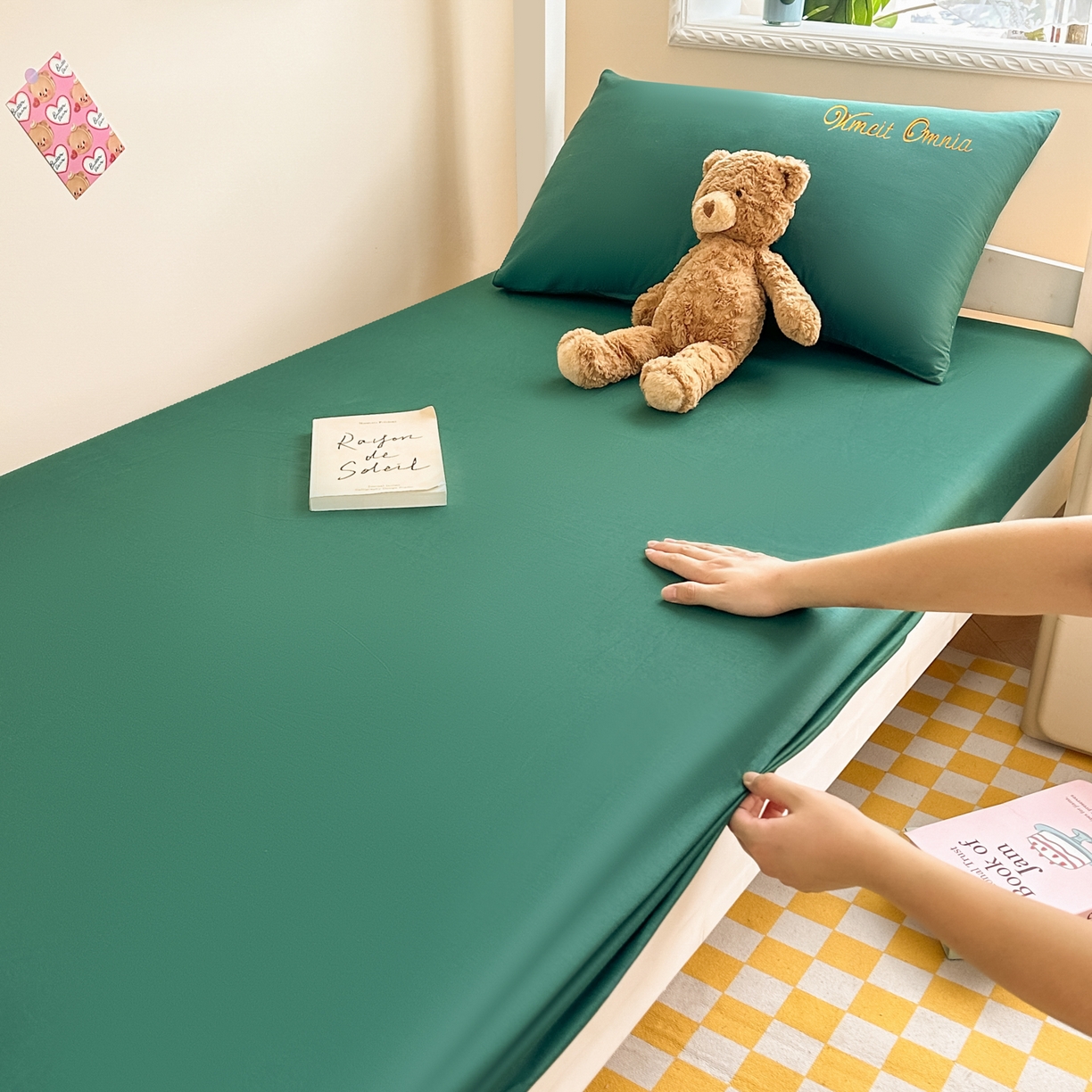 91家纺网 家纺一手货源 找家纺 摩妮卡 2025新款学生床笠上下铺全棉床笠三件套 墨绿色