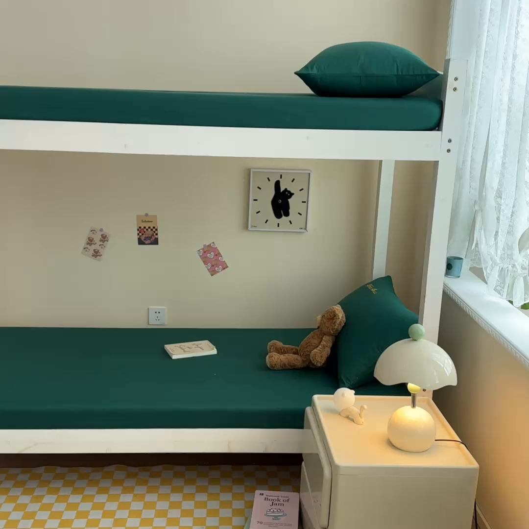 91家纺网 家纺一手货源 找家纺 摩妮卡 2025新款学生床笠上下铺全棉床笠三件套 墨绿色