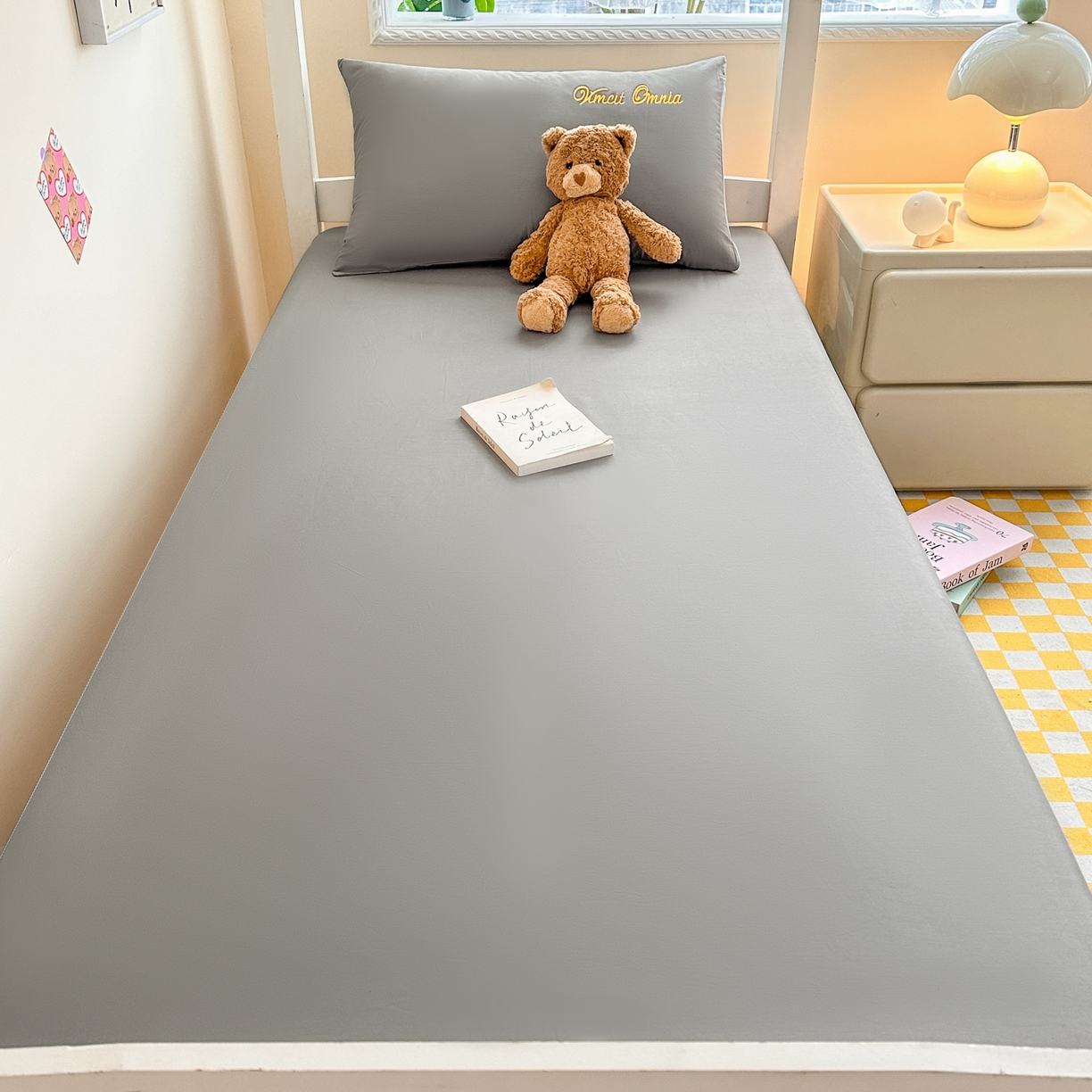 91家纺网 家纺一手货源 找家纺 摩妮卡 2025新款学生床笠上下铺全棉床笠三件套 银灰