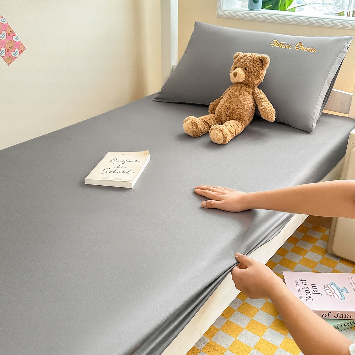 91家纺网 家纺一手货源 找家纺 摩妮卡 2025新款学生床笠上下铺全棉床笠三件套 银灰