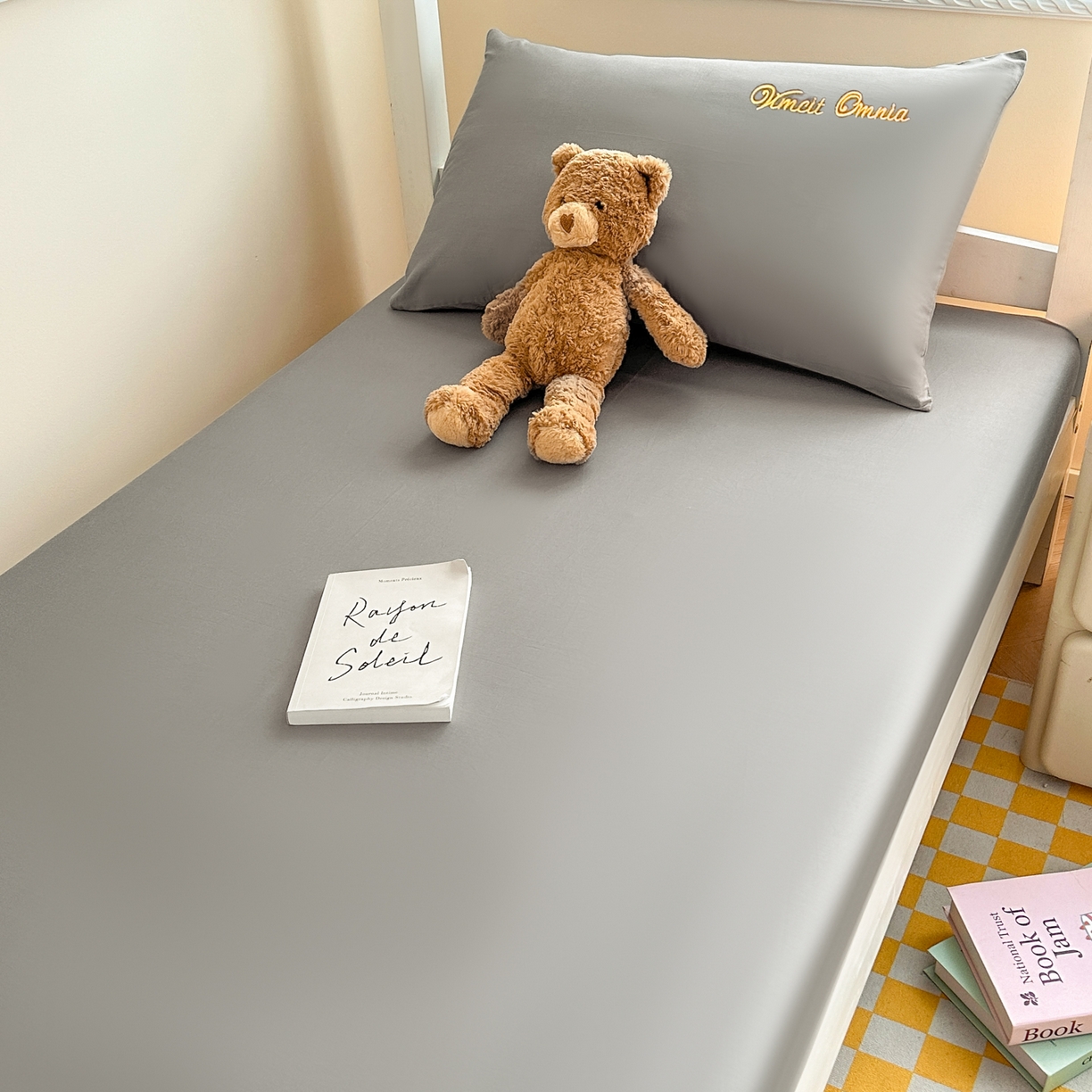 91家纺网 家纺一手货源 找家纺 摩妮卡 2025新款学生床笠上下铺全棉床笠三件套 银灰