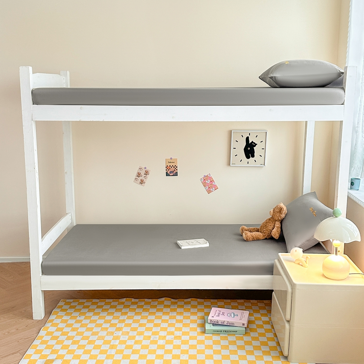 91家纺网 家纺一手货源 找家纺 摩妮卡 2025新款学生床笠上下铺全棉床笠三件套 银灰