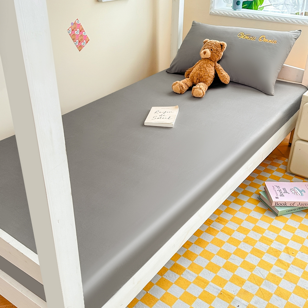 91家纺网 家纺一手货源 找家纺 摩妮卡 2025新款学生床笠上下铺全棉床笠三件套 银灰