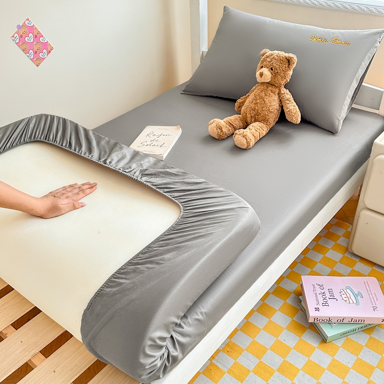 91家纺网 家纺一手货源 找家纺 摩妮卡 2025新款学生床笠上下铺全棉床笠三件套 银灰