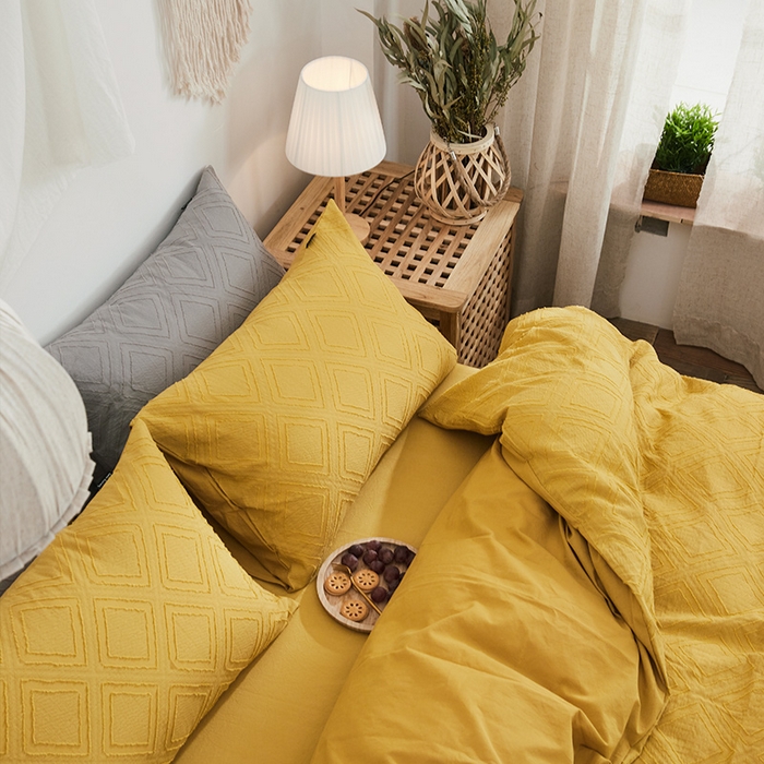 91家纺网 家纺一手货源 找家纺 贝尔 PELLHOME 日式北欧民宿大剪花水洗棉全棉四件套场景二（春节不打烊)（可抖音代发） 黄色