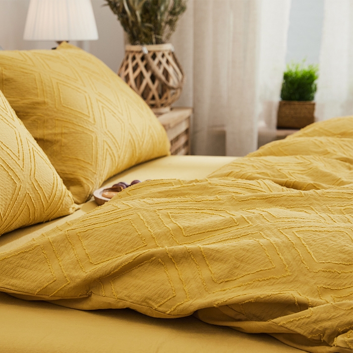 91家纺网 家纺一手货源 找家纺 贝尔 PELLHOME 日式北欧民宿大剪花水洗棉全棉四件套场景二（春节不打烊)（可抖音代发） 黄色